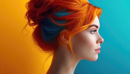 Naklejka premium Profile view of a young woman with vibrant colored hair.