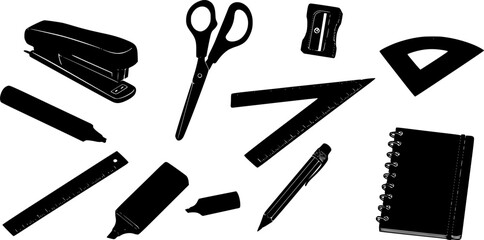 Obraz premium Simple black and white office and school supplies silhouettes on white background 
