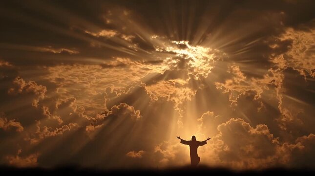 Silhouette of person with arms outstretched against a cloudy sky with sun rays shining through