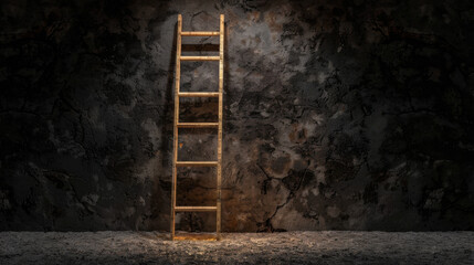 Wooden ladder stands against textured, dark wall, illuminated by soft light, creating dramatic and moody atmosphere. This evokes sense of ascent and possibility