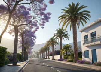 Obraz premium Sunny mediterranean street lined with palm trees and blooming jacaranda