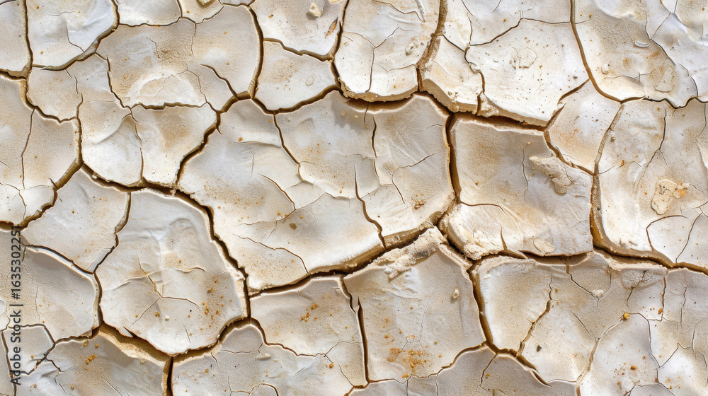 Poster dry cracked earth surface displays unique texture with intricate patterns. light beige color and fis