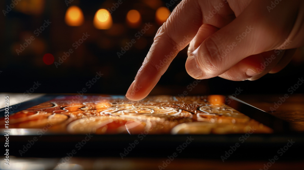 Poster close up view of hand gently touching tablet screen displaying intricate designs. warm lighting in b