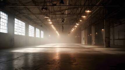 Empty warehouse interior with windows and lights creating a bright and airy space.