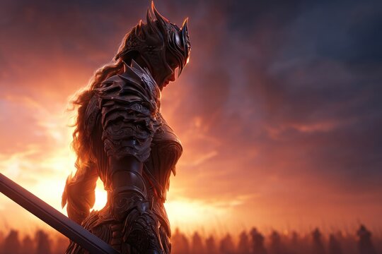 Female warrior in ornate armor at sunset.