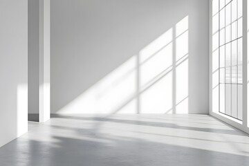 Empty white room with large window and sunlight creating shadows on the floor.