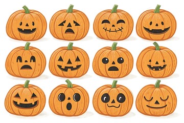 Collection of twelve pumpkins with different facial expressions isolated on white background