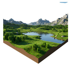3d Illustration Of A Mountainous Lake Landscape With Green Trees And Grass