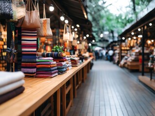 Naklejka premium Outdoor marketplace with textiles and handmade goods displayed on wood tables
