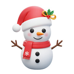 3D Illustration of a Smiling Snowman in Red Hat and Scarf Isolated on Transparent Background