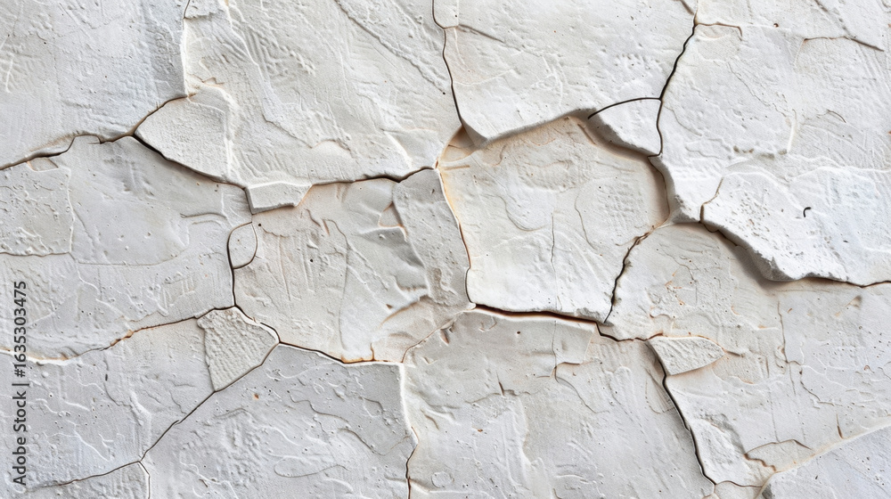 Poster cracked white plaster surface with textured patterns, showcasing weathered and aged appearance. intr
