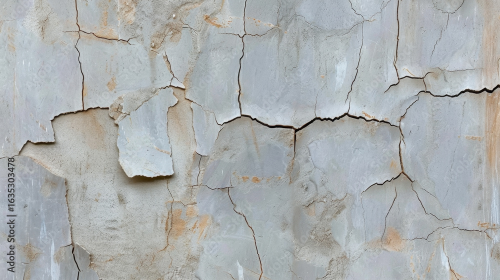 Poster cracked surface texture with peeling layers, showcasing weathered and aged appearance. gray tones an