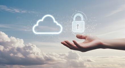 Cloud Security Concept: Hand Protecting Digital Data with Padlock Icon Against Sky Background
