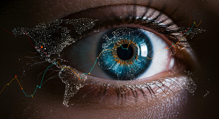 Human Eye with Digital World Map Overlay: Global Connectivity, Data Visualization, and Technology Concept