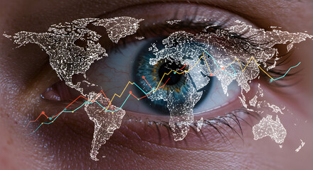 Global Business Vision: World Map & Financial Data Reflected in a Human Eye