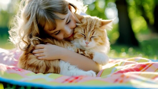 Heartwarming cinematic macro shot of a young child gently hugging a sleeping orange cat in dappled sunlight &ndash; intimate pet bond for World Animal Day, International Cat Day, and wellbeing campaigns