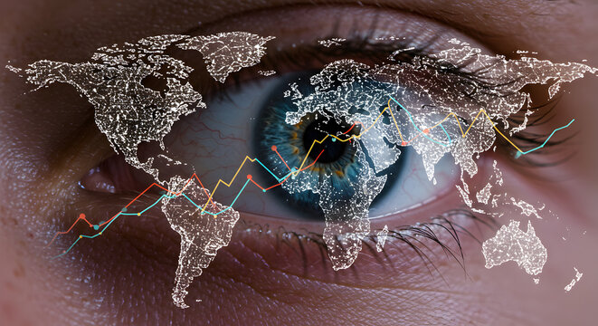 Global Business Vision: World Map & Financial Data Reflected in a Human Eye