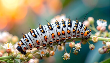 Fototapeta premium Vibrant White, Black, and Orange Caterpillar on a Green Plant Stem with Flowers