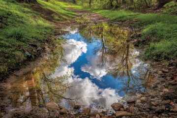 Puddle reflecting a vibrant sky with clouds and trees