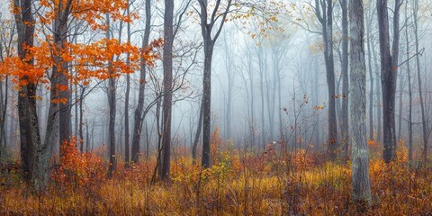Fototapeta premium A dense forest in autumn, partially hidden by mysterious fog weaving between the trees