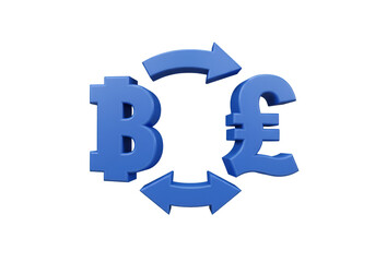 Obraz premium 3D Bitcoin And Pound Currency Exchange With Blue Arrows And Isolated Black Background