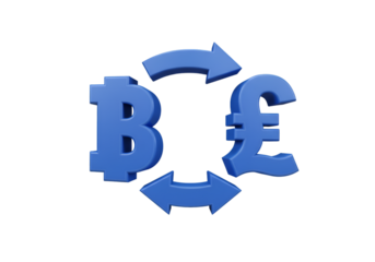 3D Bitcoin And Pound Currency Exchange With Blue Arrows And Isolated Black Background