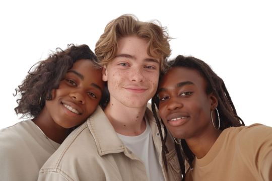 Group selfie: Diverse group of friends embrace and smiles at the camera. Friendship concept, inclusion, youth marketing, diverse backgrounds.