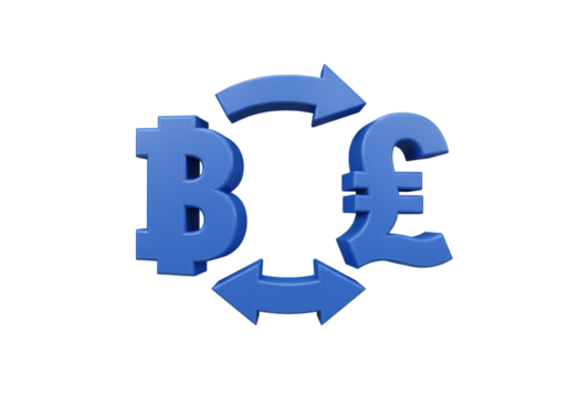 3D Bitcoin And Pound Currency Exchange With Blue Arrows And Isolated Black Background - Powered by Adobe