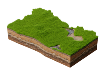 3D Cross Section of Earth with Green Grass and Soil Layers Isolated on a Transparent Background