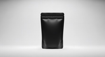 Matte black standing pouch centered in high resolution white studio with even side lighting and crisp shadow, isolated product photo for commercial packaging design