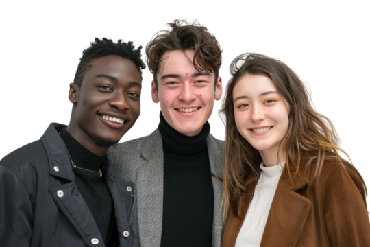 Diverse group of students smiles. Portrait uses natural light. Good for schools, higher education, marketing, advertising, team building, or business use.
