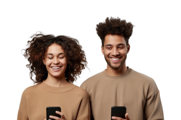 Brown-themed portrait of smiling pair using smartphones on white. Great for technology branding, social media.
