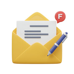 3D Illustration Of An Open Yellow Envelope With Message Pen And Notification