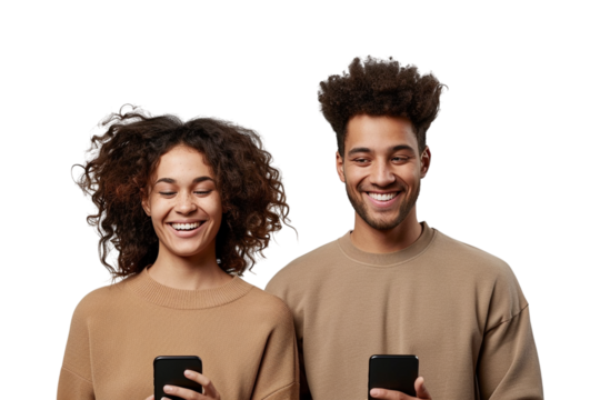 Brown-themed portrait of smiling pair using smartphones on white. Great for technology branding, social media.