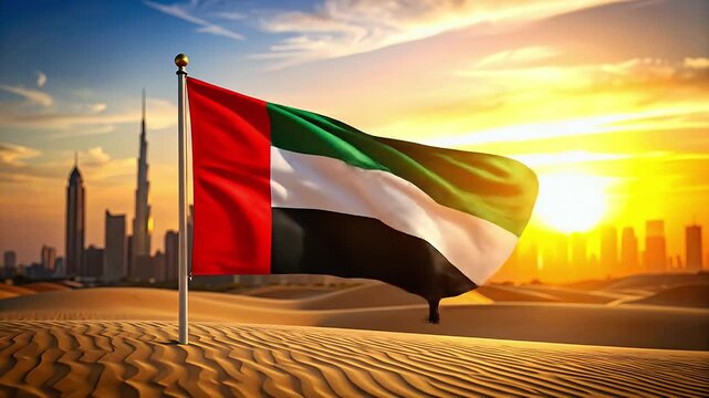 Uae flag waving over desert landscape
