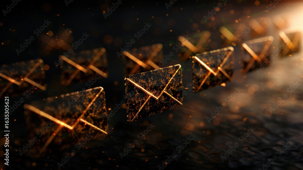 Poster golden envelopes glowing in dark environment create captivating visual. shimmering effect adds sense