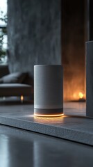 A white speaker sitting on top of a table