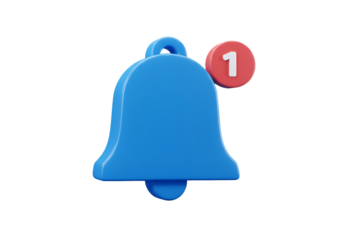 3D Illustration of a Blue Bell Icon with Red Notification on Transparent Background