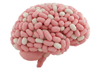 3D Illustration of a Brain Composed of Pink and White Pills on Transparent Background