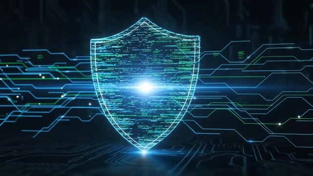 Digital glowing cybersecurity shield protecting data on futuristic virtual network grid. Technology protection concept