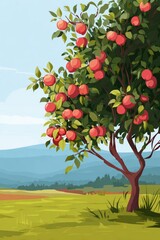 Fototapeta premium Lush orchard landscape with a laden tree.
