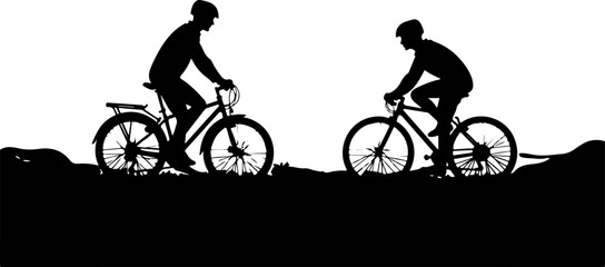 Obraz premium silhouette of riding bicycles, bicycle, bike, silhouette, sport, cycling, cyclist, cycle, vector, illustration, biker, ride, woman, people, race, person, biking, mountain, black, activity, bicyclist,