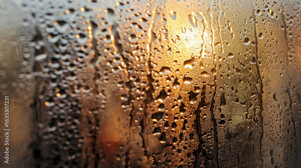 Aufkleber close up view of foggy window with condensation droplets, creating beautiful interplay of light and 