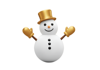 3D Illustration of a Cheerful Snowman with Gold Accessories on Transparent Background