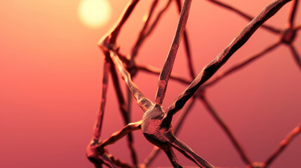 Close up view of complex network structure, showcasing interconnected nodes and edges against warm, gradient background. intricate design evokes sense of depth and scientific exploration