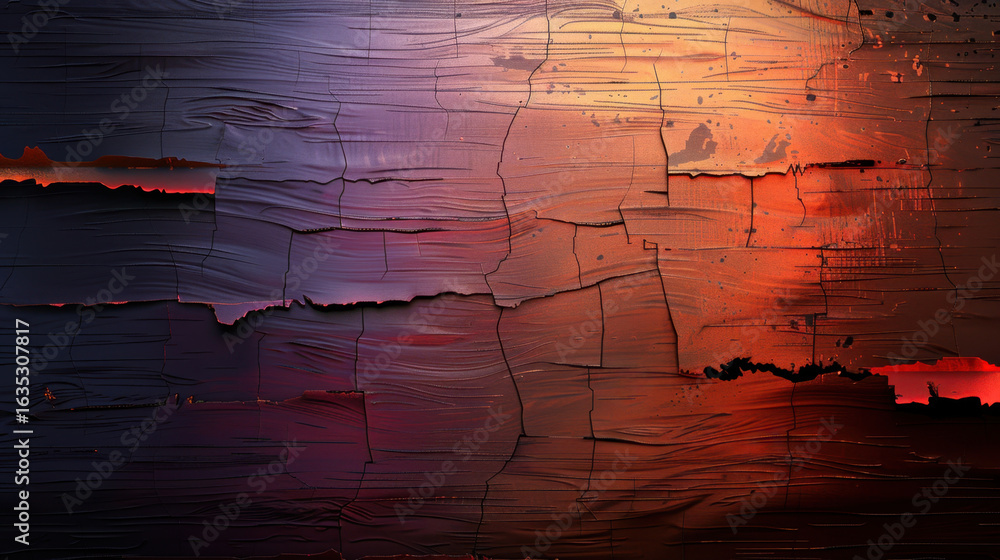 Poster textured surface with vibrant colors blending from deep purple to fiery orange, showcasing intricate