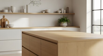 Light oak kitchen island with white cabinets and sunlit Scandinavian interior, minimalist home setup for product or branding visuals