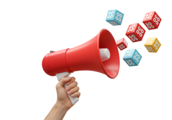 3D Illustration of a Hand Holding a Red Megaphone with Floating Cubes