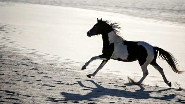 Majestic Paint Horse Galloping on a Sandy Beach at Sunset: Dramatic Silhouette - Powered by Adobe