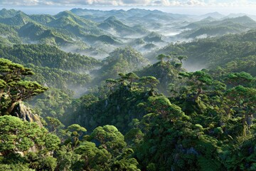 Fototapeta premium Lush mountain range, shrouded in mist, dense forests